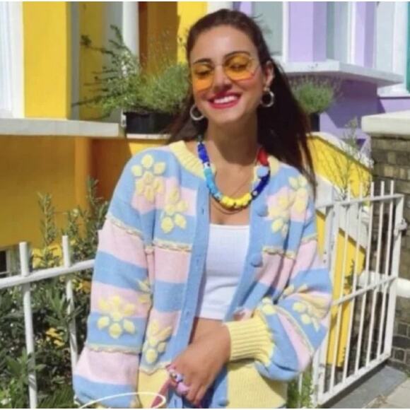 (S) Zara Pastel Colors Floral Jacquard Cozy Knit Button Front Cardigan Sweater - Picture 2 of 15